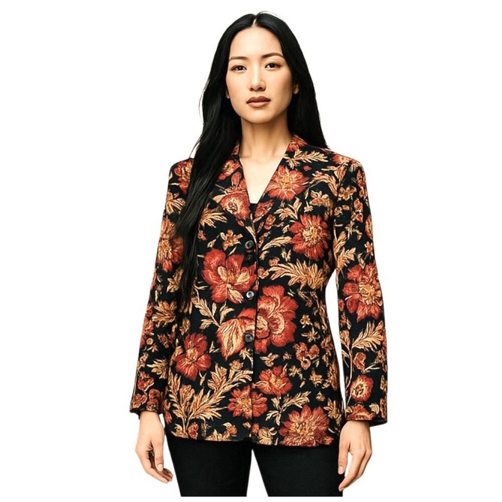 Talbots Blazer Jacket Black Floral Size 10 Lined Career Casual 100% Cotton Lined